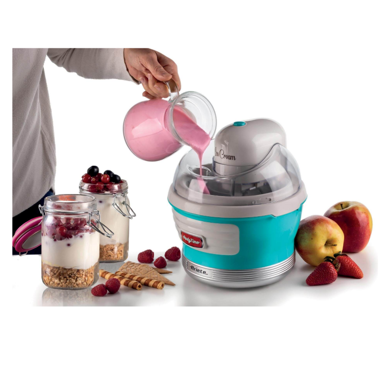 Aparat de inghetata, sorbet si iaurt inghetat 0643 Party Time Maker Ariete, Capacitate 1.5 l, Recipient detasabil, 12 W, Buton On/Off, Alb/Bleu