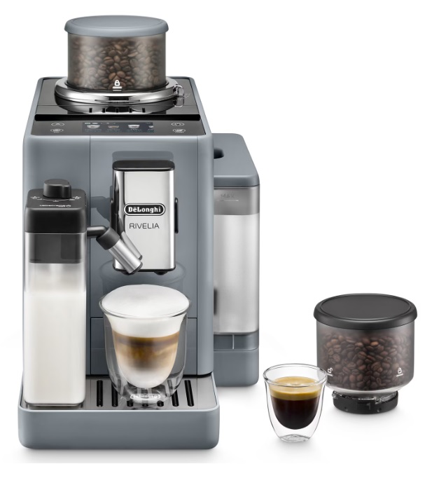 Espressor automat DeLonghi Rivelia EXAM 440.55.G, 2 recipiente pentru boabe, Tehnologie Bean Adapt, carafa cu tehnologie LatteCrema Hot, 1450W, 19 bar, 1.4 l, Gri