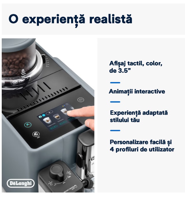 Espressor automat DeLonghi Rivelia EXAM 440.55.G, 2 recipiente pentru boabe, Tehnologie Bean Adapt, carafa cu tehnologie LatteCrema Hot, 1450W, 19 bar, 1.4 l, Gri