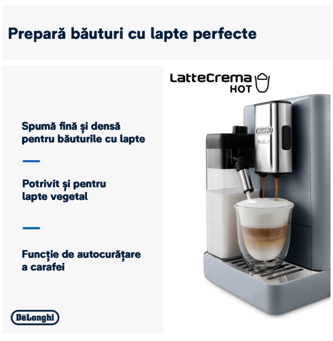 Espressor automat DeLonghi Rivelia EXAM 440.55.G, 2 recipiente pentru boabe, Tehnologie Bean Adapt, carafa cu tehnologie LatteCrema Hot, 1450W, 19 bar, 1.4 l, Gri