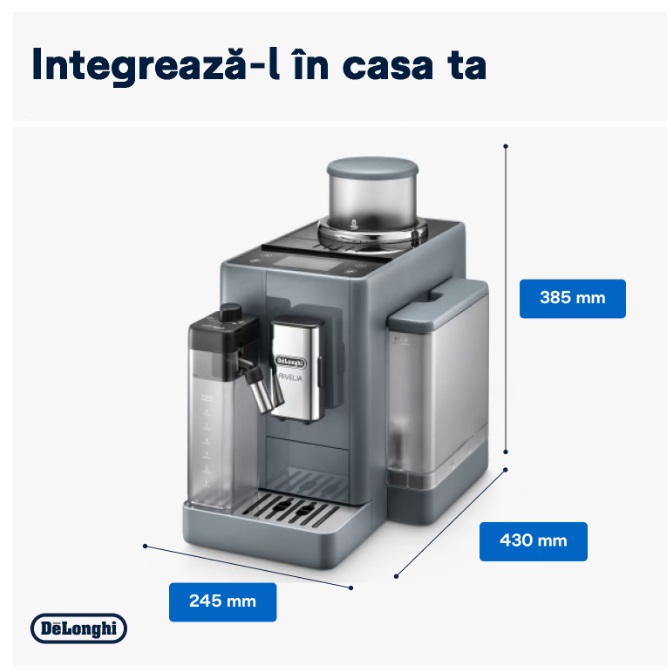 Espressor automat DeLonghi Rivelia EXAM 440.55.G, 2 recipiente pentru boabe, Tehnologie Bean Adapt, carafa cu tehnologie LatteCrema Hot, 1450W, 19 bar, 1.4 l, Gri