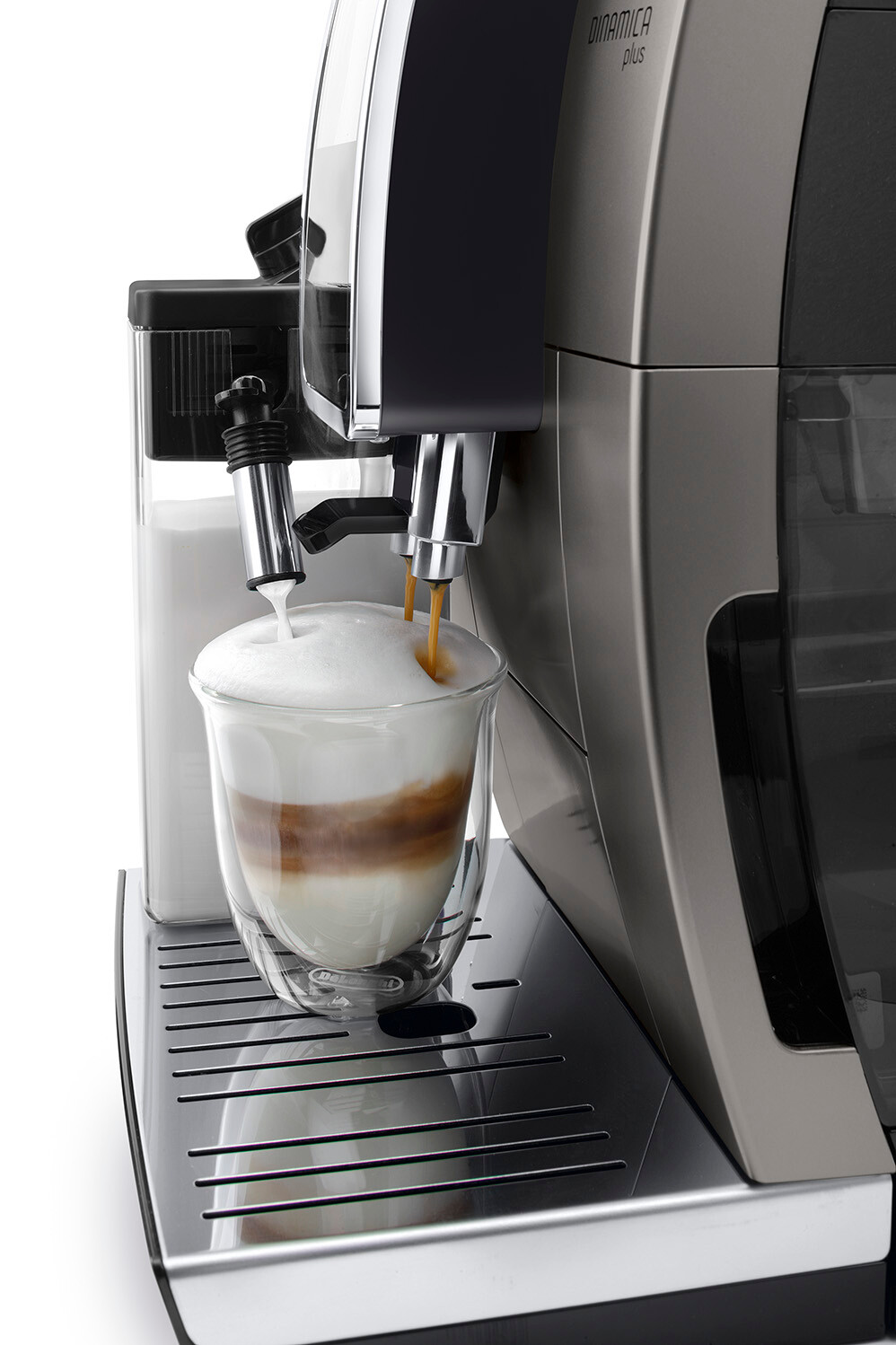 Espressor automat DeLonghi Dinamica Plus ECAM 380.95.TB, 2 carafe pentru lapte, tehnologie LatteCrema, 1.8 l, 1450 W, 15 bar, negru/gri inchis