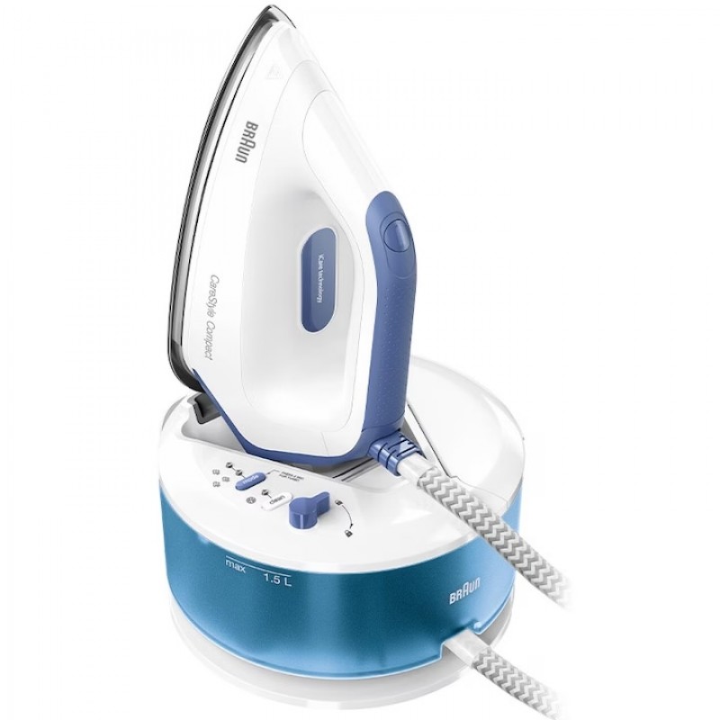 Statie de calcat Braun CareStyle Compact IS2143BL, 2400W, 6 bari, abur variabil 125g/min, jet de abur 420g/min, rezervor 1.5L, talpa EloxalPlus, Alb/Albastru