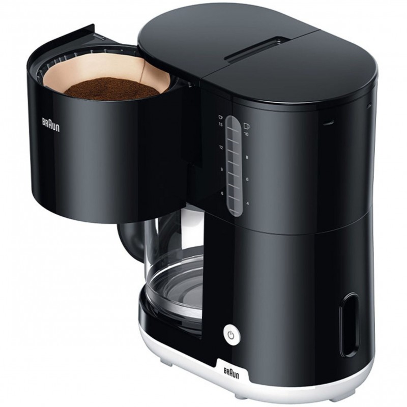 Cafetiera Braun KF1100BK, 1000 W, Carafa din sticla, Capacitate 1.38 L, Filtru pivotant, Sistem anti-picurare, Oprire automata, Negru