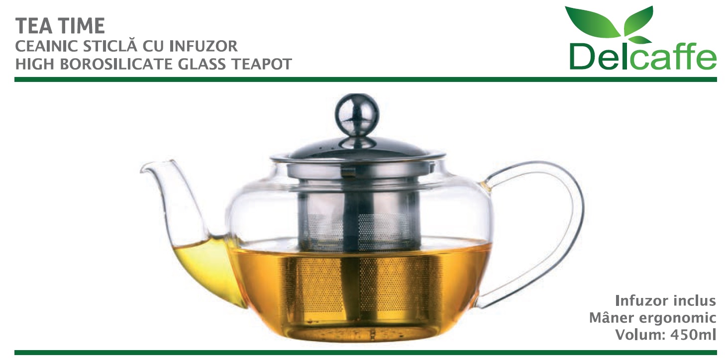 Ceainic din sticla thermo  TEA TIME, cu capac si infuzor inox, 450ml, DelCaffe