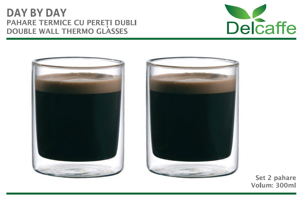 Set 2 pahare thermo DAY BY DAY, pentru ceai, lapte, bautura rece sau calda, 300ml, DelCaffe