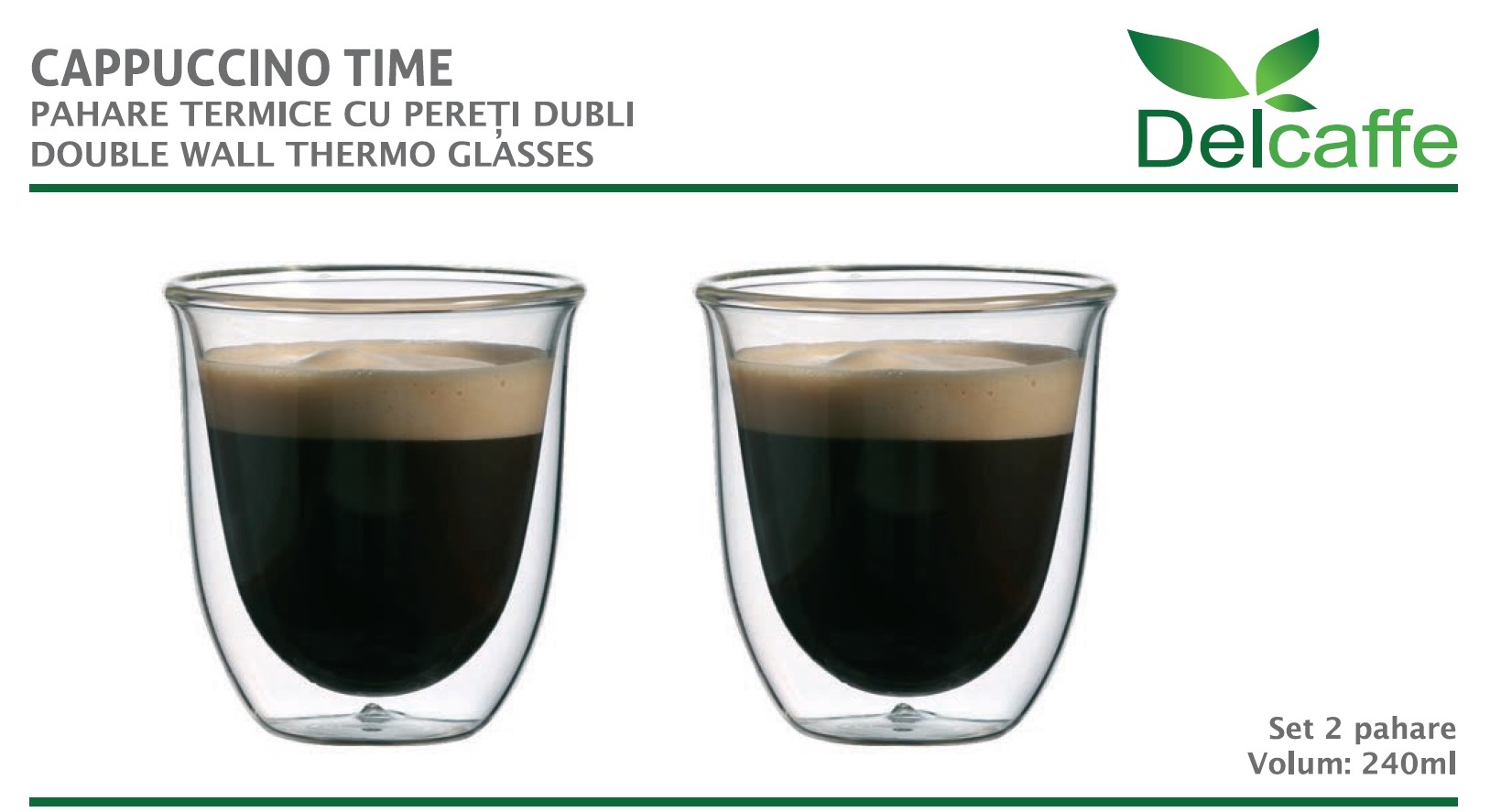 Set 2 pahare thermo  cu pereti dubli, CAPPUCCINO, 240ml , DelCaffe