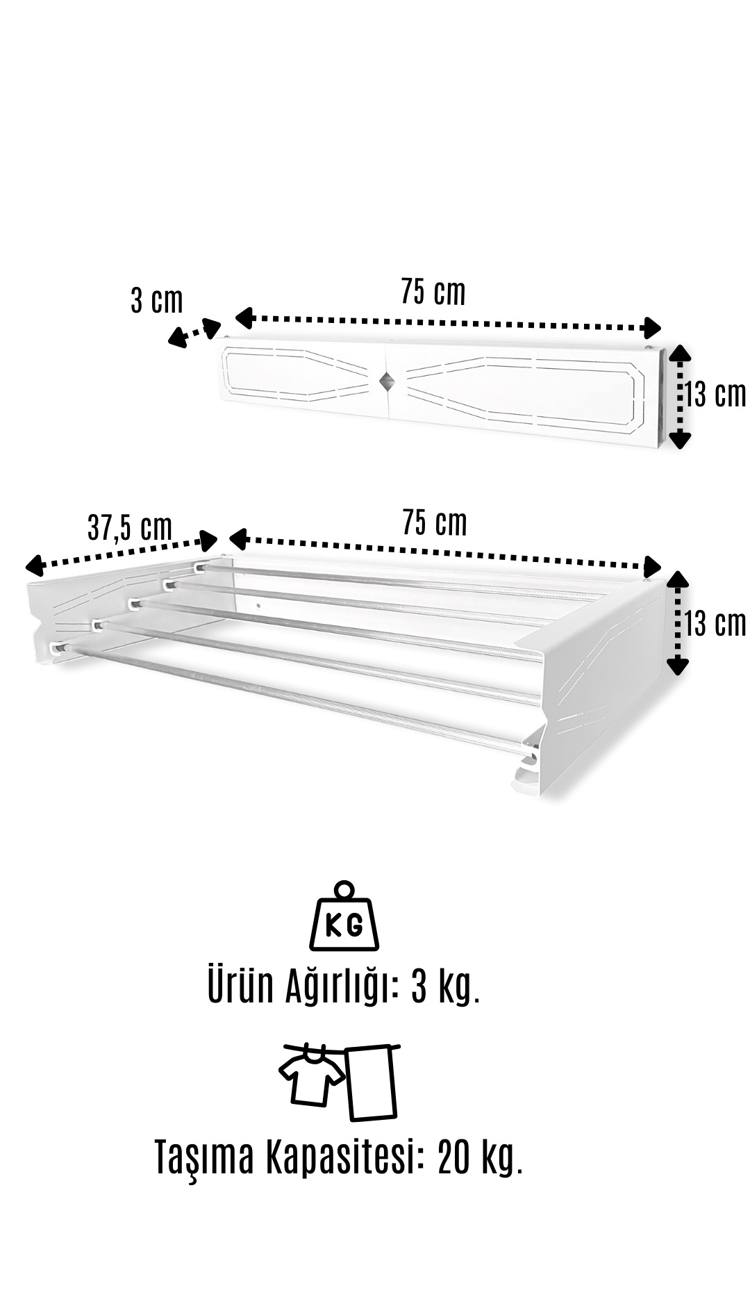 Uscator de rufe retractabil de perete, 75 cm, Indoor/ outdoor, Design decorativ, Economiseste spatiu, Metal si aluminiu, Max 15 kg rufe, Alb