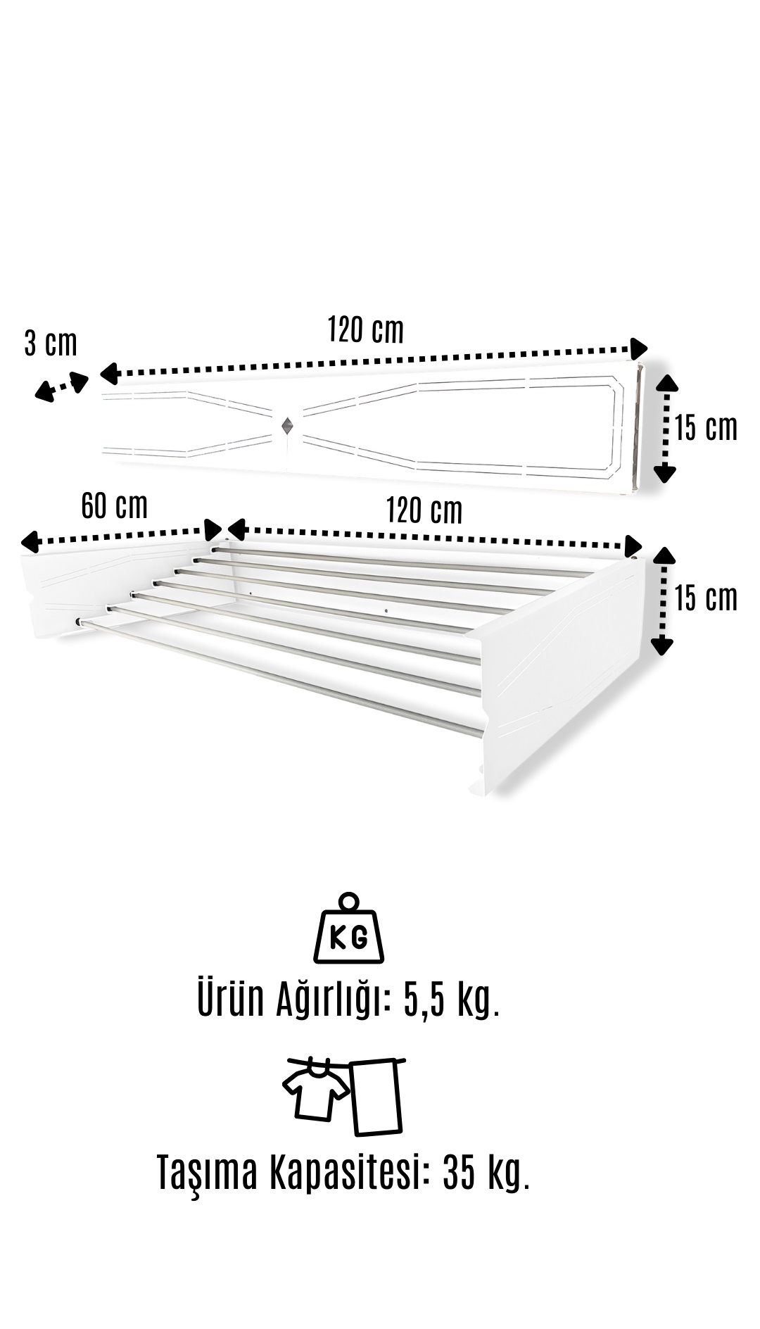 Uscator de rufe retractabil de perete, 120 cm, Indoor/ outdoor, Design decorativ, Economiseste spatiu, Metal si aluminiu, Max 25 kg rufe, Alb