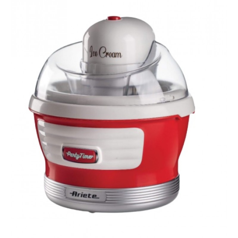 Aparat de inghetata, sorbet si iaurt inghetat 0643 Party Time Maker Ariete, Capacitate 1.5 l, Recipient detasabil, 12 W, Buton On/Off, Alb/Rosu