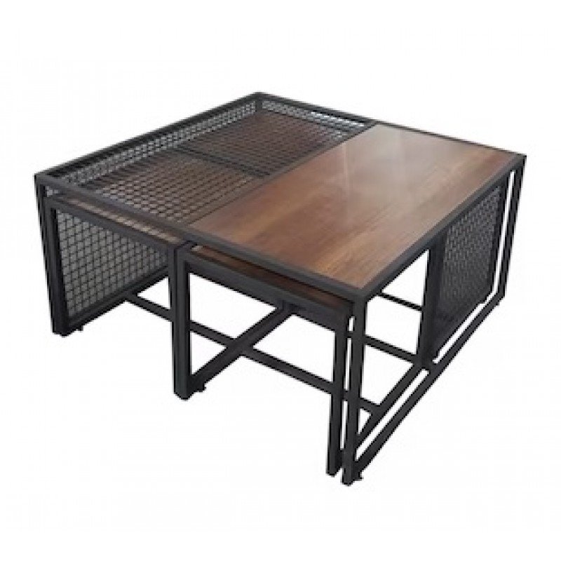 Set 5 masute cafea Studio Casa, structura fier forjat, design lemn natur, 90 x 90 x 46 cm, Negru/Maro