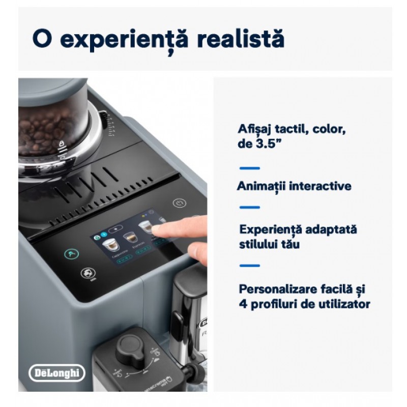 Espressor automat DeLonghi Rivelia EXAM 440.55.G, 2 recipiente pentru boabe, Tehnologie Bean Adapt, carafa cu tehnologie LatteCrema Hot, 1450W, 19 bar, 1.4 l, Gri