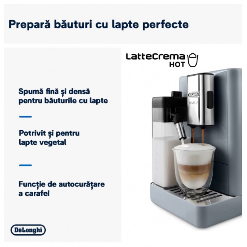 Espressor automat DeLonghi Rivelia EXAM 440.55.G, 2 recipiente pentru boabe, Tehnologie Bean Adapt, carafa cu tehnologie LatteCrema Hot, 1450W, 19 bar, 1.4 l, Gri