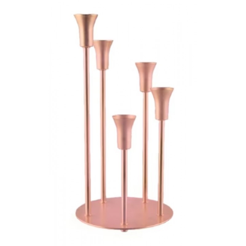 Suport lumanare metalic cu 5 brate Deco Art, Diametru baza 17 cm, Inaltime 35 cm, Roze Gold Delcaffe.ro
