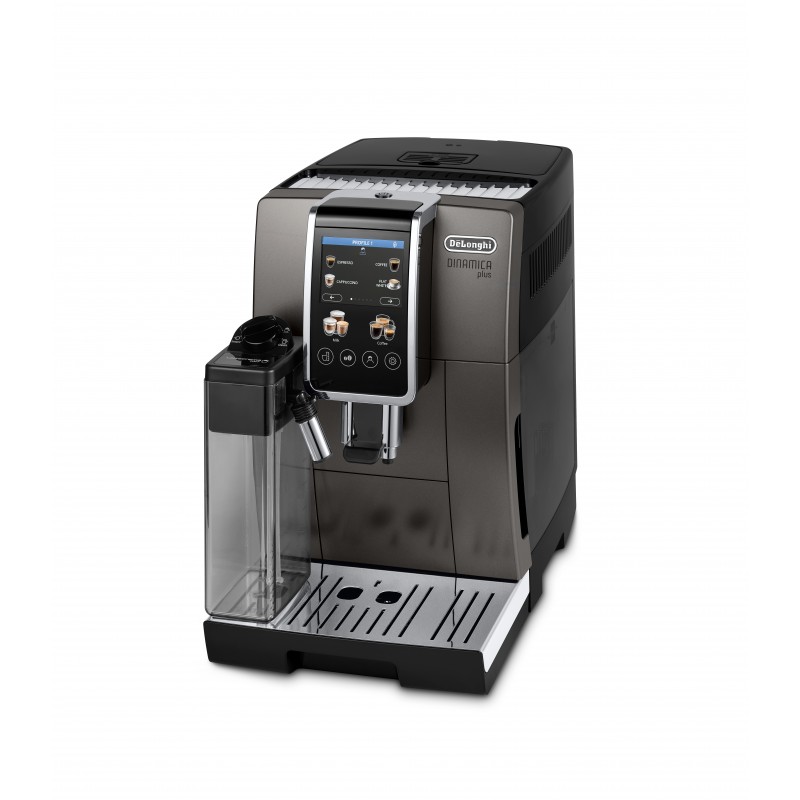 Espressor automat DeLonghi Dinamica Plus ECAM 380.95.TB, 2 carafe pentru lapte, tehnologie LatteCrema, 1.8 l, 1450 W, 15 bar, negru/gri inchis