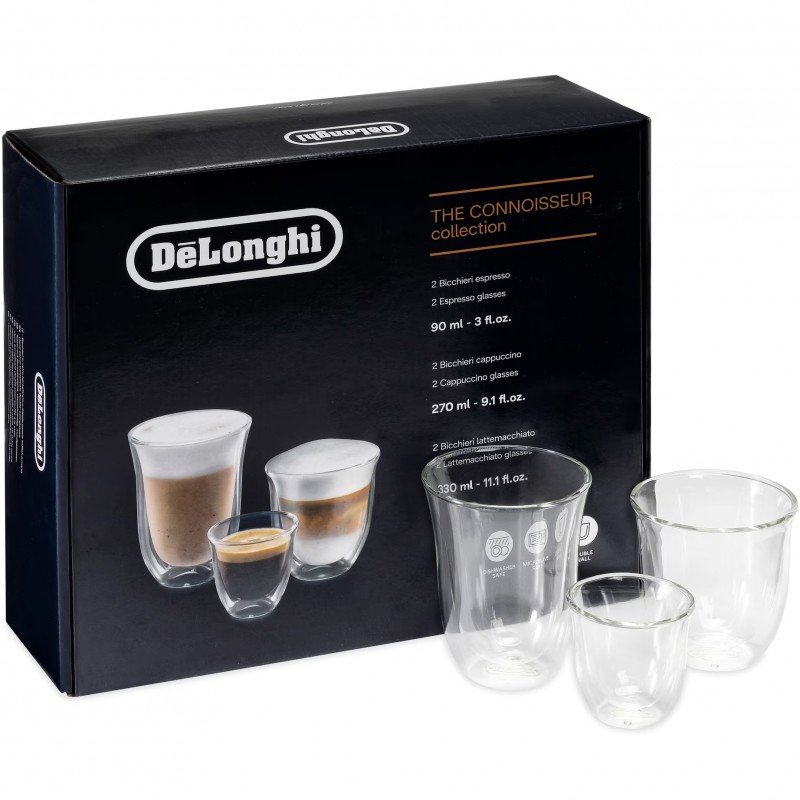 Set 2 pahare Espresso 90 ml, 2 pahare Cappuccino 270 ml si 2 pahare Latte Macchiato 330 ml, cu pereti dubli, DeLonghi DLSC302, Colectia Connoisseur