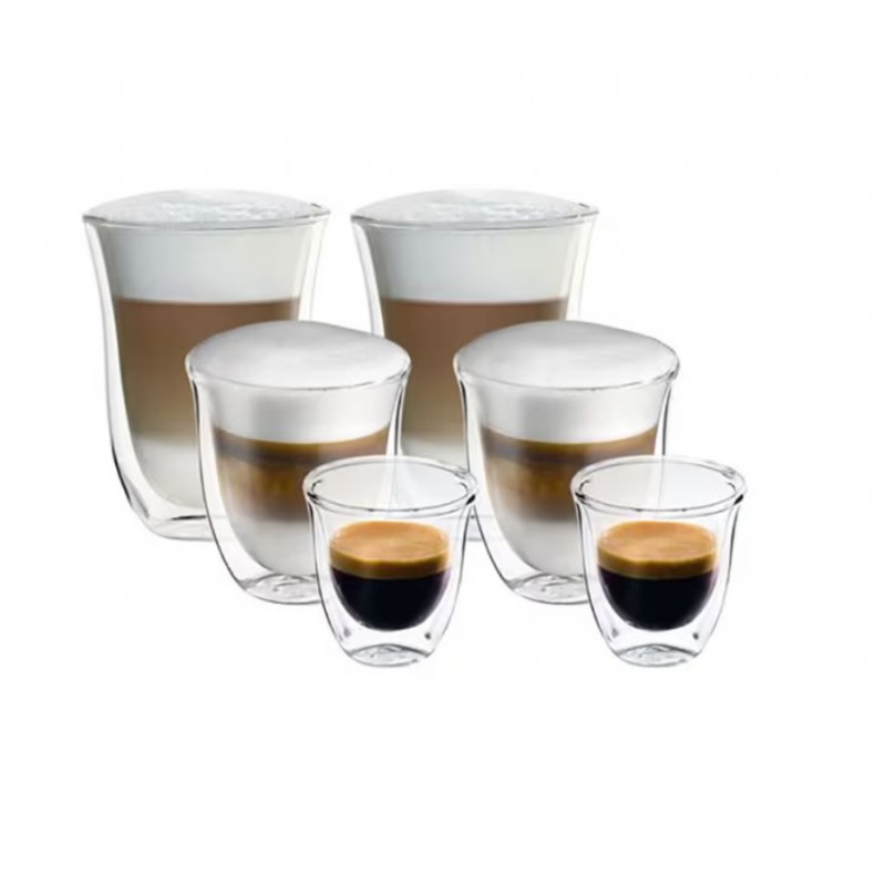 Set 2 pahare Espresso 90 ml, 2 pahare Cappuccino 270 ml si 2 pahare Latte Macchiato 330 ml, cu pereti dubli, DeLonghi DLSC302, Colectia Connoisseur