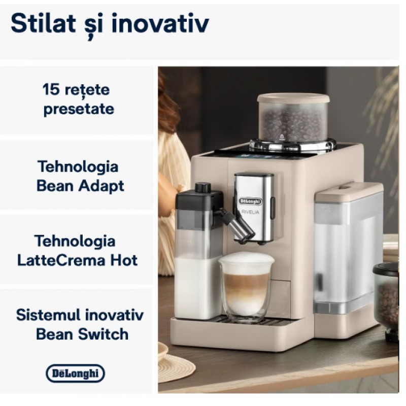 Espressor automat DeLonghi Rivelia EXAM 440.55.BG, 2 recipiente pentru boabe, Tehnologie Bean Adapt, carafa cu tehnologie LatteCrema Hot, 1450W, 19 bar, 1.4 l, Bej