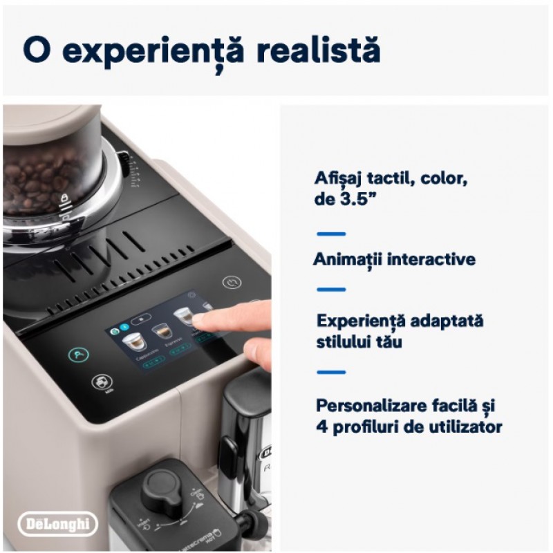 Espressor automat DeLonghi Rivelia EXAM 440.55.BG, 2 recipiente pentru boabe, Tehnologie Bean Adapt, carafa cu tehnologie LatteCrema Hot, 1450W, 19 bar, 1.4 l, Bej