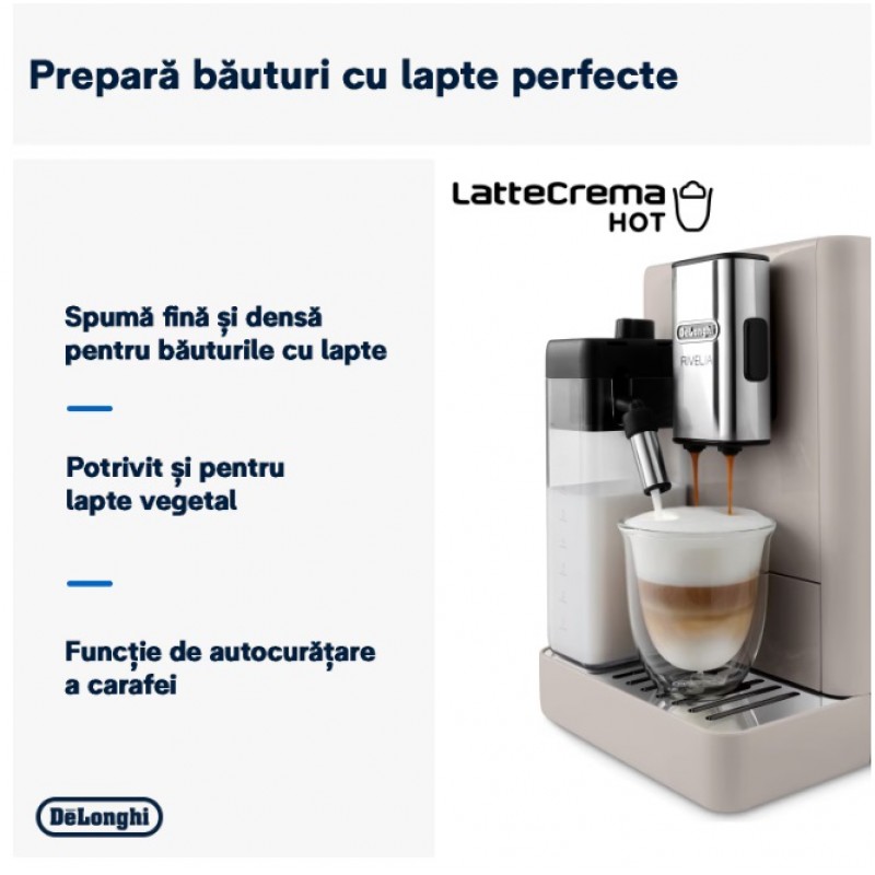 Espressor automat DeLonghi Rivelia EXAM 440.55.BG, 2 recipiente pentru boabe, Tehnologie Bean Adapt, carafa cu tehnologie LatteCrema Hot, 1450W, 19 bar, 1.4 l, Bej