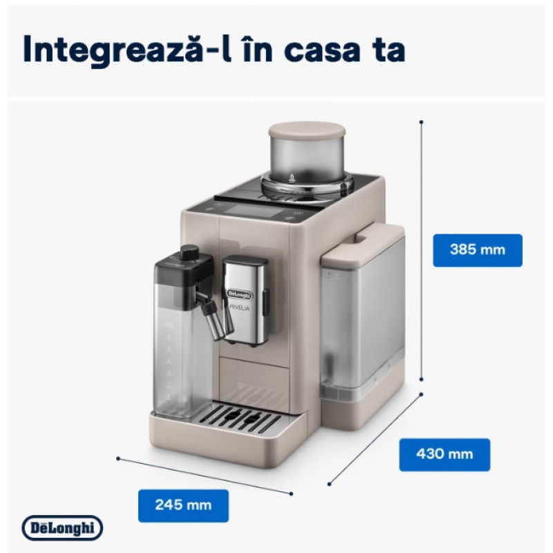 Espressor automat DeLonghi Rivelia EXAM 440.55.BG, 2 recipiente pentru boabe, Tehnologie Bean Adapt, carafa cu tehnologie LatteCrema Hot, 1450W, 19 bar, 1.4 l, Bej