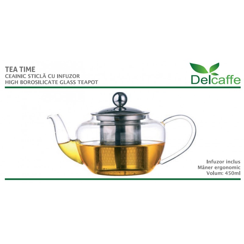 Ceainic din sticla thermo  TEA TIME, cu capac si infuzor inox, 450ml, DelCaffe