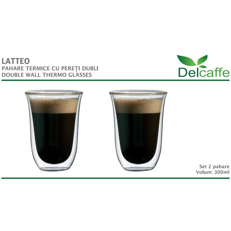 Set 2 pahare thermo cu pereti dubli, LATTEO, 300ml , DelCaffe