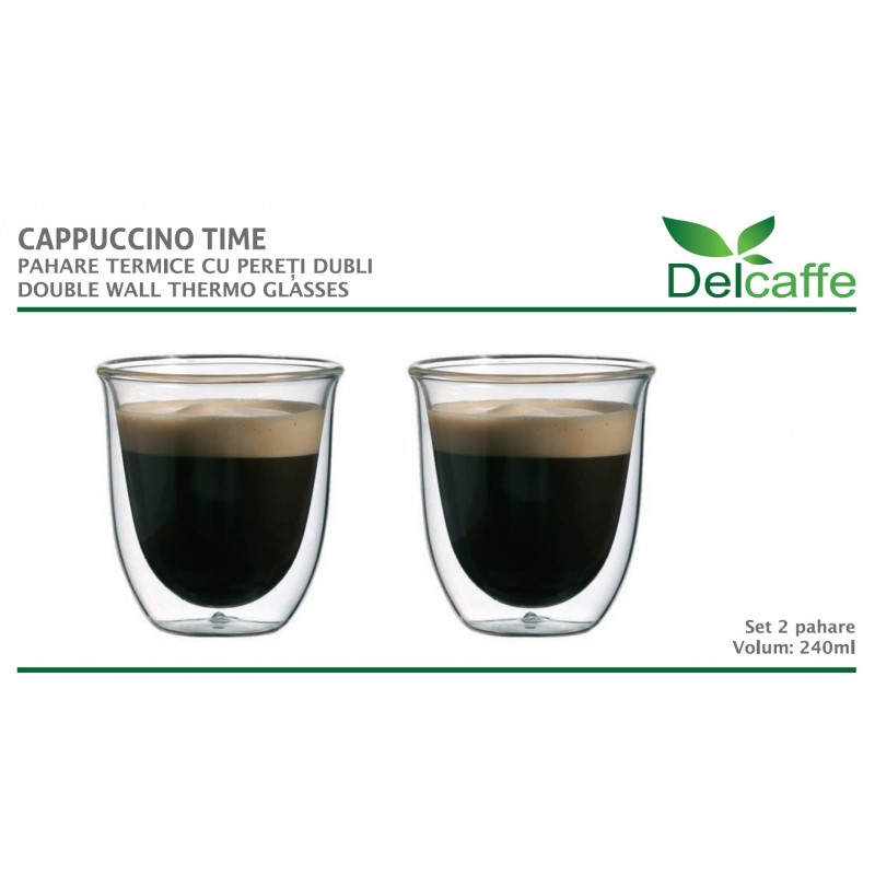 Set 2 pahare thermo  cu pereti dubli, CAPPUCCINO, 240ml , DelCaffe