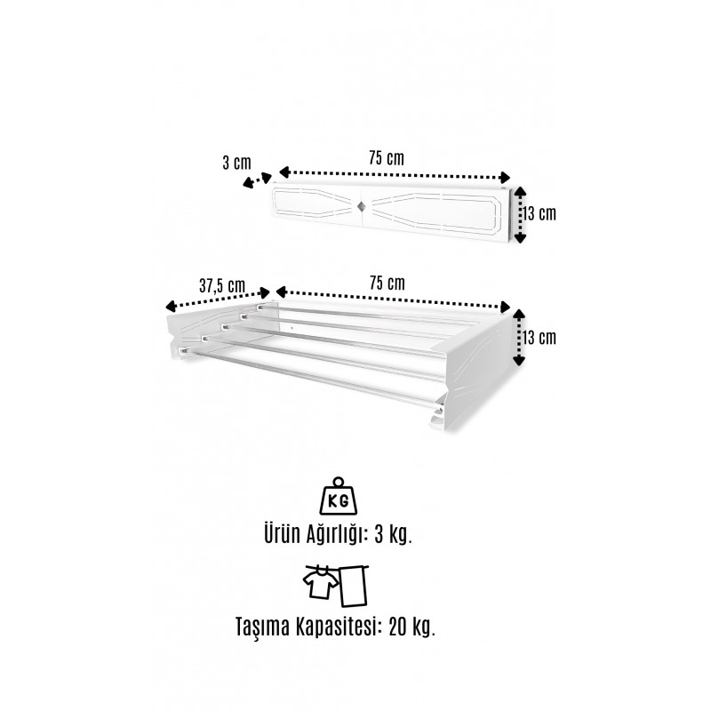 Uscator de rufe retractabil de perete, 75 cm, Indoor/ outdoor, Design decorativ, Economiseste spatiu, Metal si aluminiu, Max 15 kg rufe, Alb