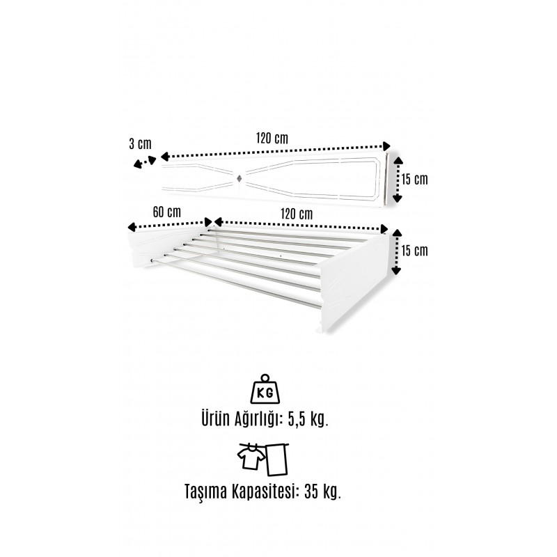 Uscator de rufe retractabil de perete, 120 cm, Indoor/ outdoor, Design decorativ, Economiseste spatiu, Metal si aluminiu, Max 25 kg rufe, Alb